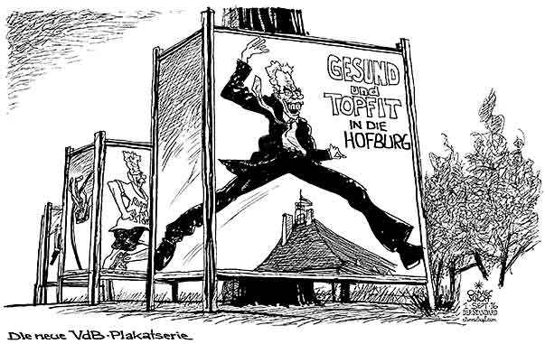  Oliver Schopf, politischer Karikaturist aus Österreich, politische Karikaturen, Illustrationen Archiv politische Karikatur Österreich Bundespräsident   2016 BUNDESPRÄSIDENTSCHAFTSWAHL 2016 VAN DER BELLEN ATTEST BEFUND GESUNDHEIT LUNGE PLAKAT WAHLKAMPF
