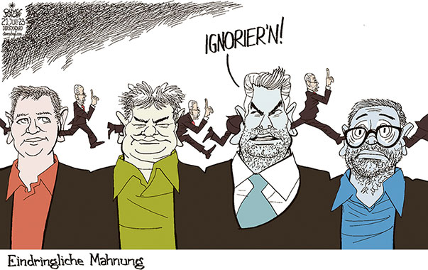 Oliver Schopf, politischer Karikaturist aus Österreich, politische Karikaturen aus Österreich, Karikatur Cartoon Illustrationen Politik Politiker Österreich 2023: BUNDESPRÄSIDENT ALEXANDER VAN DER BELLEN VDB REDE BREGENZER FESTSPIELE RHETORIK SPRACHE AUSGRENZEN POLARISIEREN POPULISMUS MAHNEN MAHNUNG POLITIK ANDREAS BABLER WERNER KOGLER KARL NEHAMMER HERBERT KICKL BEIM EINEN OHR HINEIN BEIM ANDEREN HERAUS EINDRINGLICH



