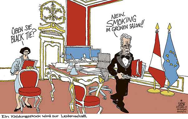  Oliver Schopf, politischer Karikaturist aus Österreich, politische Karikaturen, Illustrationen Archiv politische Karikatur Österreich Bundespräsident Alexander Van der Bellen 2017 BUNDESPRÄSIDENT VAN DER BELLEN BLACK TIE SMOKING KRAWATTE FLIEGE RAUCHEN GRÜNER SALON HOFBURG



