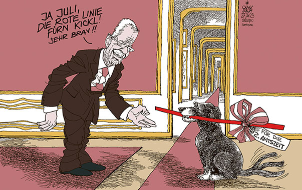 Oliver Schopf, politischer Karikaturist aus Österreich, politische Karikaturen aus Österreich, Karikatur Cartoon Illustrationen Politik Politiker Österreich 2023: BUNDESPRÄSIDENT ALEXANDER VAN DER BELLEN VDB ANGELOBUNG ZWEITE AMTSZEIT HUND JULI HOFBURG FPÖ KICKL ROTE LINIE



