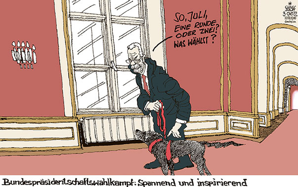 Oliver Schopf, politischer Karikaturist aus Österreich, politische Karikaturen aus Österreich, Karikatur Cartoon Illustrationen Politik Politiker Österreich 2022: BUNDESPRÄSIDENTSCHAFTSWAHL HOFBURG VAN DER BELLEN HÜNDIN JULI RUNDE GASSI GEHEN 



