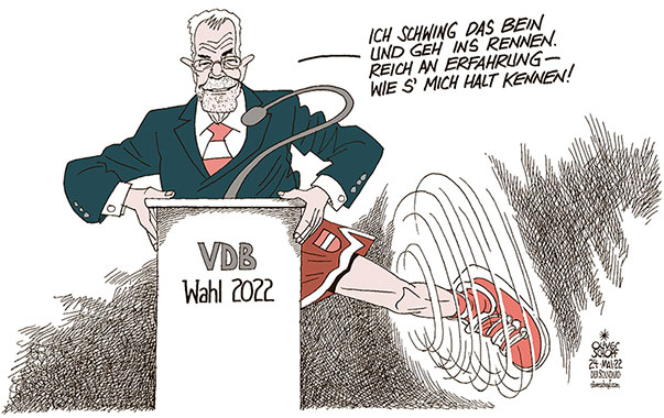 Oliver Schopf, politischer Karikaturist aus Österreich, politische Karikaturen aus Österreich, Karikatur Cartoon Illustrationen Politik Politiker Österreich 2022: BUNDESPRÄSIDENTENWAHL ALEXANDER VAN DER BELLEN WIEDERKANDIDATUR ZWEITE AMTSZEIT INS RENNEN GEHEN LAUFSCHUHE DAS BEIN SCHWINGEN ERFAHRUNG 

