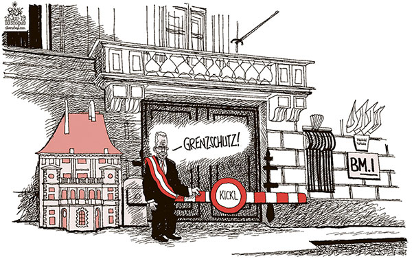  Oliver Schopf, politischer Karikaturist aus Österreich, politische Karikaturen, Illustrationen Archiv politische Karikatur Österreich  2019 VAN DER BELLEN BUNDESPRÄSIDENT KICKL INNENMINISTERIUM HERRENGASSE PRÄSIDENTSCHAFTSKANZLEI SCHRANKE SCHLAGBAUM GRENZSCHUTZ ABSPERRUNG  

