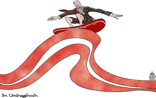  Oliver Schopf, politischer Karikaturist aus Österreich, politische Karikaturen, Illustrationen Archiv politische Karikatur Österreich Bundespräsident Alexander Van der Bellen 2019 BUNDESPRÄSIDENT VAN DER BELLEN UMFRAGE REGIERUNGSKRISE ZUSTIMMUNG BELIEBT SURFEN WELLE ROT WEISS ROT



