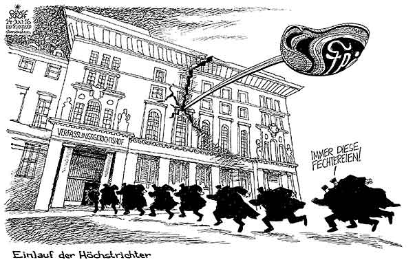  Oliver Schopf, politischer Karikaturist aus Österreich, politische Karikaturen, Illustrationen Archiv politische Karikatur Österreich Bundespräsident   2016 BUNDESPRÄSIDENTENWAHL FPÖ ANFECHTUNG VERFASSUNGSGERICHTSHOF VfGH HÖCHSTRICHTER SÄBEL MENSUR FECHTEN EINLAUFEN

