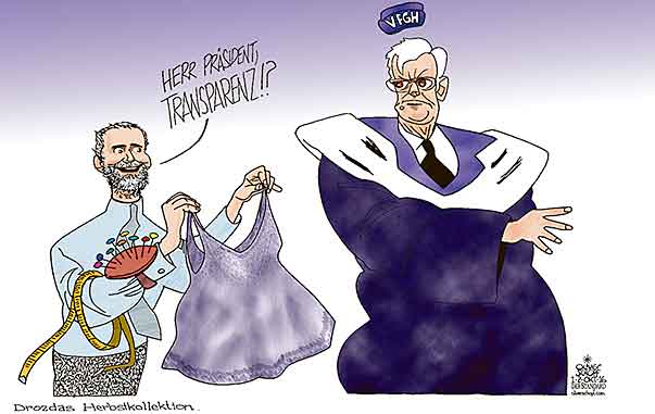 Oliver Schopf, politischer Karikaturist aus Österreich, politische Karikaturen aus Österreich, Karikatur Cartoon Illustrationen Politik Politiker Österreich 2016 : VERFASSUNGSGERICHTSHOF VfGH THOMAS DROZDA KANZLERAMTSMINISTER GERHART HOLZINGER TRANSPARENZ SCHNEIDER NEGLIGÉ UNTERKLEID







