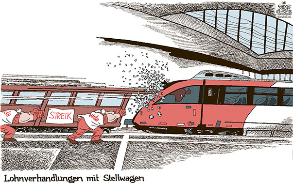 Oliver Schopf, politischer Karikaturist aus Österreich, politische Karikaturen aus Österreich, Karikatur Cartoon Illustrationen Politik Politiker Österreich 2022: GEWERKSCHAFT BAHN LOHNVERHANDLUNGEN KV VIDA STREIK STELLWAGEN INS GESICHT FAHREN BAHNHOF ZUG STARKER ARM



