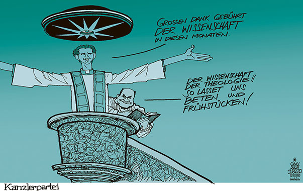 Oliver Schopf, politischer Karikaturist aus Österreich, politische Karikaturen aus Österreich, Karikatur Cartoon Illustrationen Politik Politiker Österreich 2020: PARLAMENT ÖVP WOLFGANG SOBOTKA GEBET GEBETSSFRÜHSTÜCK KIRCH KANZEL PREDIGT SEBASTIAN KURZ CORONAVIRUS COVID-19 WISSENSCHAFT 

