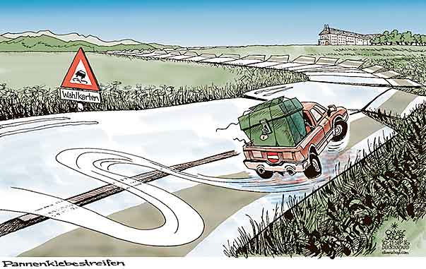  Oliver Schopf, politischer Karikaturist aus Österreich, politische Karikaturen, Illustrationen Archiv politische Karikatur Österreich Bundespräsident   2016 BUNDESPRÄSIDENTENWAHL 2016 HOFBURG WAHLKARTEN KLEBESTREIFEN PANNE PANNENSTREIFEN AUTO WAHLURNE AUTOBAHN SCHLEUDERN 

