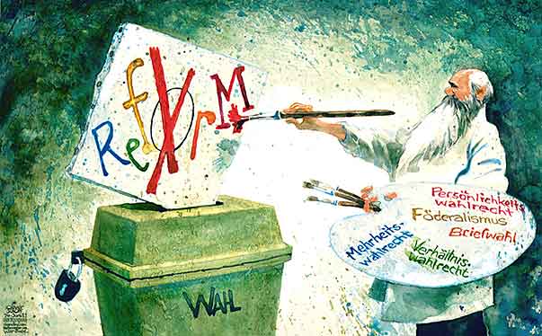 Oliver Schopf, politischer Karikaturist aus Österreich, politische Karikaturen aus Österreich, Karikatur, Illustrationen Politik Politiker Österreich 2011 wahlrecht reform kunst maler palette pinsel leinwand wahlurne mehrheitswahlrecht verhaeltniswahlrecht persoenlichkeitswahlrecht briefwahl


 








 
  