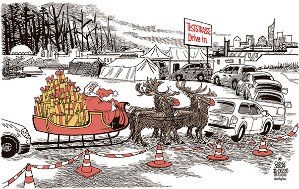  Oliver Schopf, politischer Karikaturist aus Österreich, politische Karikaturen, Illustrationen Archiv politische Karikatur Österreich 2020: CORONAVIRUS KRISE SARS-CoV-2 COVID-19 TESTEN TEST MASSENTEST TESTSTRASSE DRIVE IN AUTO PKW WEIHNACHTSMANN SCHLITTEN RENTIERE GESCHENKE MASKE RUDIE RED NOSE REINDEER
