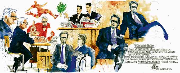 Oliver Schopf, politischer Karikaturist aus Österreich, politische Karikaturen aus Österreich, Karikatur Cartoon Illustrationen Politik Politiker Österreich 2014: WESTENTHALER PETER PROZESS LANDESGERICHT WIEN BUNDESLIGA FUSSBALL KORRUPTION WOLFGANG SCHUESSEL RICHTER WOLFGANG ETL  



