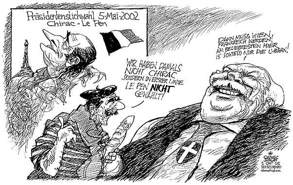 Oliver Schopf, politischer Karikaturist aus Österreich, politische Karikaturen aus Österreich, Karikatur Cartoon Illustrationen Politik Politiker Österreich 2015 : WIEN LANDTAGSWAHL HÄUPL BÜRGERMEISTER STRACHE FPÖ CHIRAC LE PEN PRÄSIDENTENWAHL
