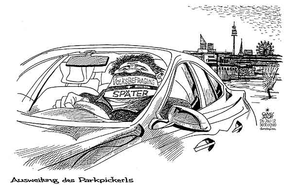 Oliver Schopf, politischer Karikaturist aus Österreich, politische Karikaturen aus Österreich, Karikatur, Illustrationen Politik Politiker Österreich 2012 WIEN PARKPICKERL VOLKSBEFRAGUNG AUTO AUTOFAHRER PARKEN