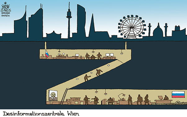 Oliver Schopf, politischer Karikaturist aus Österreich, politische Karikaturen aus Österreich, Karikatur Cartoon Illustrationen Politik Politiker Österreich @oliverschopf.bsky.social 2025: SPIONAGE SPIONE DESINFORMATION WIEN AGENTEN RUSSLAND Z UNTERGRUND 

















