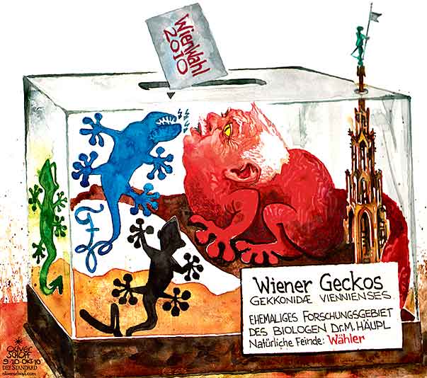 Oliver Schopf, politischer Karikaturist aus Österreich, politische Karikaturen aus Österreich, Karikatur, Illustrationen Politik Politiker Österreich 2010: wien wahl haeupl gecko terrarium kriechtiere kleben wahlurne