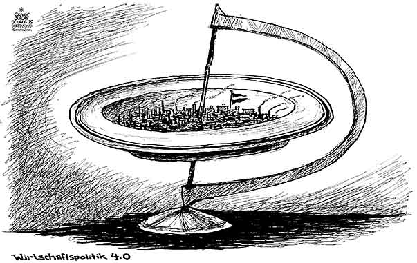 Oliver Schopf, politischer Karikaturist aus Österreich, politische Karikaturen aus Österreich, Karikatur Cartoon Illustrationen Politik Politiker Österreich 2015 WIRTSCHAFT TECHNOLOGIE STANDORT INDUSTRIE 4.0 TELLER TELLERRAND WELTBILD GLOBUS


