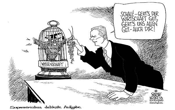 Oliver Schopf politische Karikatur: Österreich 2013 - Bildung - Auflösung des Wissenschaftsministeriums Oliver Schopf, politischer Karikaturist aus Österreich, politische Karikaturen aus Österreich, Karikatur Cartoon Illustrationen Politik Politiker Österreich 2013: KOALITION WISSENSCHAFTSMINISTERIUM WIRTSCHAFT REINHOLD MITTERLEHNER SUPERMINISTER UNI HOCHSCHULEN EULE VOGELKAEFIG