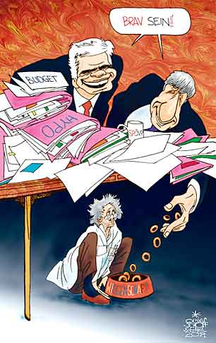 Oliver Schopf, politischer Karikaturist aus Österreich, politische Karikaturen aus Österreich, Karikatur Cartoon Illustrationen Politik Politiker Österreich 2014: WISSENSCHAFT FORSCHUNG FAYMANN SPINDELEGGER KOALITION HUND HUNDESCHUESSEL FROLIC FUTTER HYPO ALPE ADRIA BUDGET  

