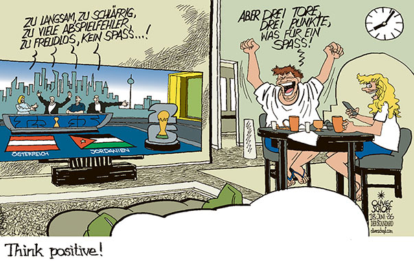 Oliver Schopf, politischer Karikaturist aus Österreich, politische Karikaturen aus Österreich, Karikatur Cartoon Illustrationen Politik Politiker Österreich Cartoon Movement, @oliverschopf.bsky.social 2026: FUSSBALL WM GRUPPE J ÖSTERREICH JORDANIEN AUFTAKTSPIEL NÖRGELN MOSERN SIEG TV STUDIO KOMMENTATOREN FRÜHSTÜCK KÜCHE THINK POSITIVE















































