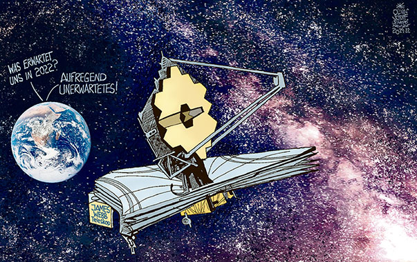 Oliver Schopf, politischer Karikaturist aus Österreich, politische Karikaturen aus Österreich, Karikatur Cartoon Illustrationen Politik Politiker international 2022: JAMES WEBB WELTRAUM TELESKOP SPACE TELESCOPE JWST SPIEGELTELESKOP UNIVERSUM STERNE GALAXIEN MILCHSTRASSE AUSBLICK NEUJAHR ZUKUNFT LIEGT IN DEN STERNEN ERWARTUNGEN UNERWARTETES   



