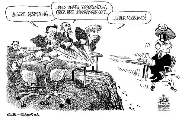  Oliver Schopf, politischer Karikaturist aus Österreich, politische Karikaturen, Illustrationen Archiv politische Karikatur Welt Russland 2014 G8 GIPFEL PUTIN MERKEL OBAMA CAMERON TISCH SAEGE TRENNEN ABSPALTEN AUSSCHLIESSEN 
