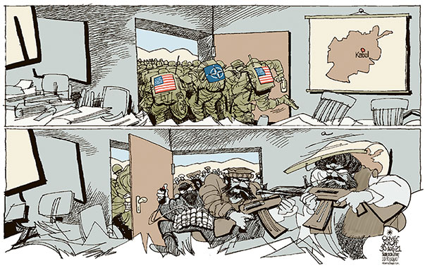 Oliver Schopf, politischer Karikaturist aus Österreich, politische Karikaturen aus Österreich, Karikatur Cartoon Illustrationen Politik Politiker international, Süddeutsche Zeitung, Meinung, Seite 4, 2021:
USA NATO AFGHANISTAN TRUPPENABZUG KABUL FLUGHAFEN TALIBAN IS-K TERROR EXTREMISTEN ISLAMISTEN FUNDAMENTALISTEN TÜRE AUF ZU CHAOS    


