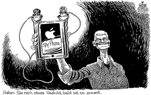  Oliver Schopf, politischer Karikaturist aus Österreich, politische Karikaturen, Illustrationen Archiv politische Karikatur digitale Welt 
  2016 APPLE IPHONE TIM COOK PRÄSENTATION CUPERTINO NSA FBI ABHÖREN VERSCHLÜSSELUNG SMARTPHONE GEHEIMDIENST    

