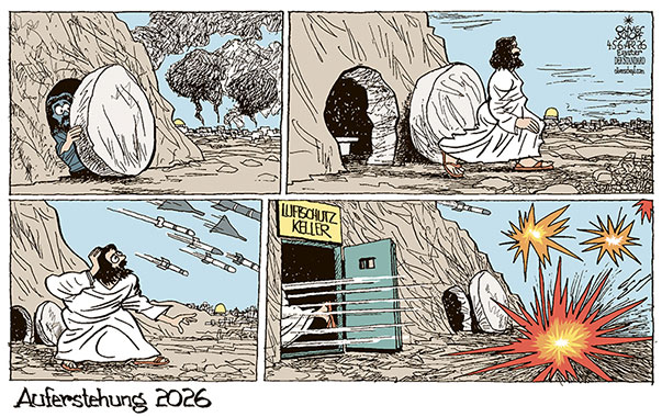 Oliver Schopf, politischer Karikaturist aus Österreich, politische Karikaturen aus Österreich, Karikatur Cartoon Illustrationen Politik Politiker international @oliverschopf.bsky.social 2026: IRAN KRIEG USA ISRAEL NAHER OSTEN OSTERN JESUS CHRISTUS GRAB AUFERSTEHUNG LUFTSCHUTZKELLER RAKETEN DROHNEN LUFTSCHLÄGE


