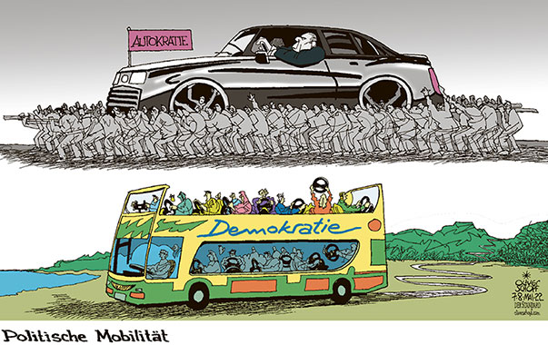 Oliver Schopf, politischer Karikaturist aus Österreich, politische Karikaturen aus Österreich, Karikatur Cartoon Illustrationen Politik Politiker international 2022: AUTOKRATIE DEMOKRATIE DIKTATUR TYRANNEI AUTO AUTOMOBIL OMNIBUS AUTOBUS LENKEN LENKRAD STEUER UNTERDRÜCKUNG SELBSTBESTIMMUNG EIGENVERANTWORTUNG SOLIDARITÄT
