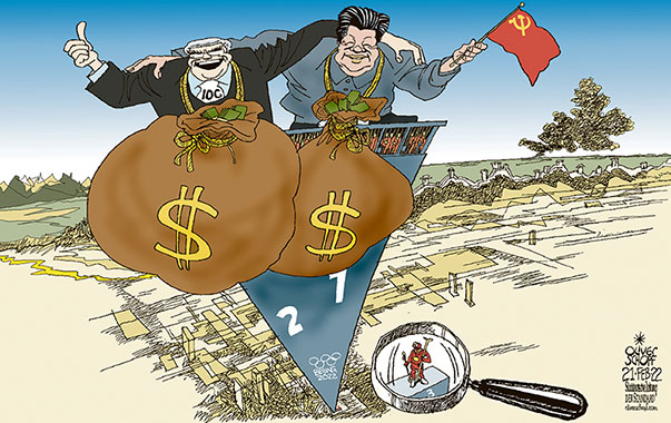 Oliver Schopf, politischer Karikaturist aus Österreich, politische Karikaturen aus Österreich, Karikatur Cartoon Illustrationen Politik Politiker international, Süddeutsche Zeitung, Meinung, Seite 4, 2022: OLYMPISCHE SPIELE SPORT PEKING BEIJING SIEGEREHRUNG THOMAS BACH IOC XI JINPING CHINA GELD GELDSACK MEDAILLIEN STOCKERL SIEGER PODEST TREPPCHEN SPORTLER CHINESISCHE MAUER UKRAINE  
