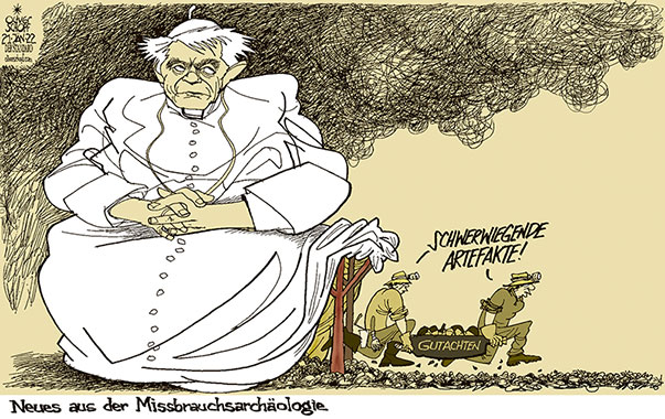 Oliver Schopf, politischer Karikaturist aus Österreich, politische Karikaturen aus Österreich, Karikatur Cartoon Illustrationen Politik Politiker international 2022: KATHOLISCHE KIRCHE MISSBRAUCH KINDER  GUTACHTEN PAPST BENEDIKT XVI JOSEF RATZINGER ERZBISCHOF MÜNCHEN FREISING ARCHÄOLIGIE ARTEFAKTE SCHWERWIEGEND
