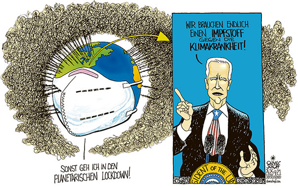 Oliver Schopf, politischer Karikaturist aus Österreich, politische Karikaturen aus Österreich, Karikatur Cartoon Illustrationen Politik Politiker international 2021: COP JOE BIDEN KLIMAKONFERENZ PLANET ERDE WELT KLIMA ERWÄRMUNG UMWELT CO2 ATMOSPHÄRE FFP2 MASKE IMPFSTOFF CORONA COVID-19   
