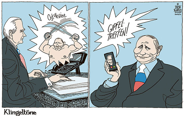 Oliver Schopf, politischer Karikaturist aus Österreich, politische Karikaturen aus Österreich, Karikatur Cartoon Illustrationen Politik Politiker international 2021: USA RUSSLAND UKRAINE OSTUKRAINE JOE BIDEN PURTIN SÄBELRASSELN GIPFELTREFFEN TELEFON HANDY KLINGELTON 
  
