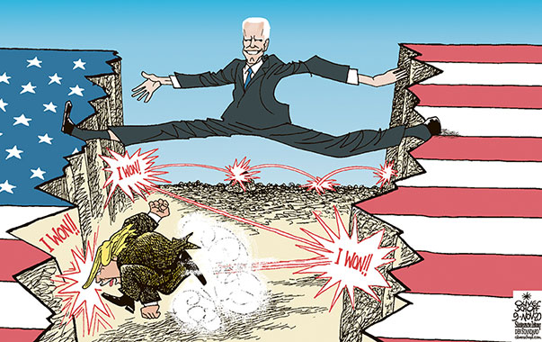 Oliver Schopf, editorial cartoons from Austria, cartoonist from Austria, Austrian illustrations, illustrator from Austria, editorial cartoon politics politician International, Politico, Cartoon Arts International, 2020: USA PRESIDENTIAL ELECTION WINNER JOE BIDEN TRUMP LOSER I WON DIVISION COUNTRY GAP DO THE SPLITS BALANCING ACT HEALING UNITE   
