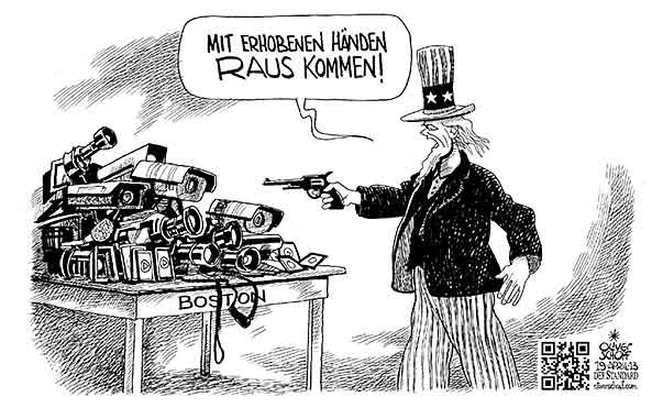  Oliver Schopf, politischer Karikaturist aus Österreich, politische Karikaturen, Illustrationen Archiv politische Karikatur Welt Terrorismus
  2013  USA BOSTON MARATHON TERROR BOMBE VIDEO KAMERA UEBERWACHUNG UNCLE SAM TAETER ERMITTLUNG FBI


