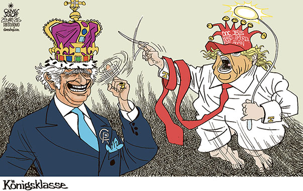 Oliver Schopf, politischer Karikaturist aus Österreich, politische Karikaturen aus Österreich, Karikatur Cartoon Illustrationen Politik Politiker international @oliverschopf.bsky.social 2026: KÖNIG CHARLES III TRUMP BESUCH KÖNIGE DOKTOR JESUS KRONE KÖNIGSKLASSE 



