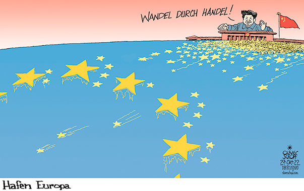 Oliver Schopf, politischer Karikaturist aus Österreich, politische Karikaturen aus Österreich, Karikatur Cartoon Illustrationen Politik Politiker international 2022: CHINA EU HAFEN CONTAINER TERMINAL HAMBURG TOLLERORT COSCO XI JINPING WANDEL DURCH HANDEL FAHNE STERNE SCHIFFE FLOTTE 


