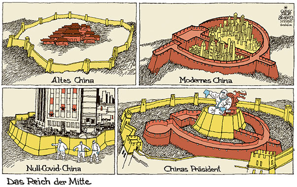 Oliver Schopf, politischer Karikaturist aus Österreich, politische Karikaturen aus Österreich, Karikatur Cartoon Illustrationen Politik Politiker international 2022: CHINA GROSSE MAUER KOMMUNISTISCHE PARTEI KPCh HAMMER SICHEL NULL COVID STRATEGIE ABRIEGELN LOCKDOWN XI JINPING PRÄSIDENT DIKTATOR 
 







