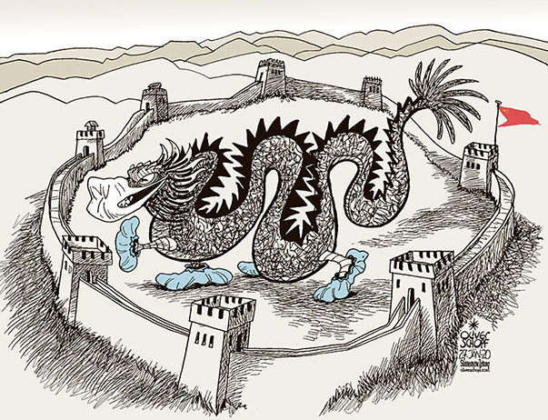 Oliver Schopf, editorial cartoons from Austria, cartoonist from Austria, Austrian illustrations, illustrator from Austria, editorial cartoon politics politician International, Politico, Cartoon Arts International, 2020: CHINA CORONAVIRUS SARS QUARANTINE WUHAN DRAGON GREAT WALL DISEASE INFECTION LUNG MASK OVERSHOES  
