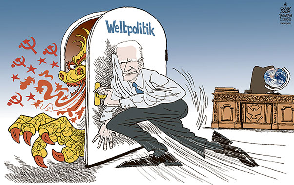 Oliver Schopf, politischer Karikaturist aus Österreich, politische Karikaturen aus Österreich, Karikatur Cartoon Illustrationen Politik Politiker international 2023: WELTPOLITIK CHINA USA CHINESISCHER DRACHE JOE BIDEN DEN FUSS IN DER TÜR HABEN KRALLEN WHITE HOUSE WEISSES HAUS RESOLUTE DESK GLOBUS



