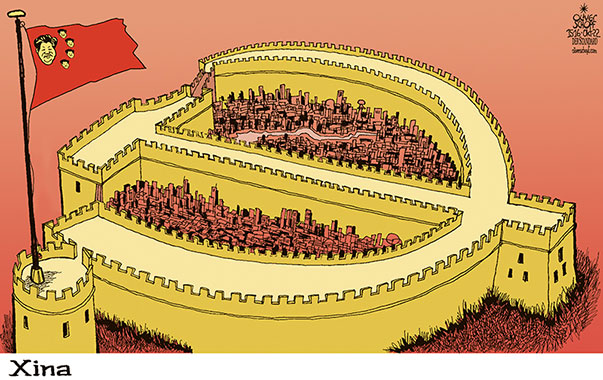 Oliver Schopf, politischer Karikaturist aus Österreich, politische Karikaturen aus Österreich, Karikatur Cartoon Illustrationen Politik Politiker international 2022: CHINA XI JINPING WIEDERWAHL AUF LEBENSZEIT KPCh PARTEIKONGRESS HAMMER UND SICHEL CHINESISCHE MAUER FAHNE EINSPERREN ABSCHOTTEN 





