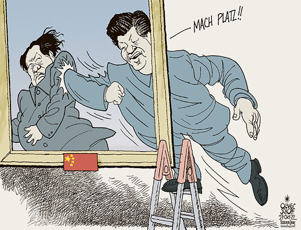 Oliver Schopf politische Karikaturen: Oktober 2022: Xi Jinping wird für eine dritte Amtszeit und damit auf Lebenszeit gewählt. Eine Machtfülle wie anno dazumal Mao Zedong.
Oliver Schopf, politischer Karikaturist aus Österreich, politische Karikaturen aus Österreich, Karikatur Cartoon Illustrationen Politik Politiker international, Süddeutsche Zeitung, Meinung, Seite 4, 2022: CHINA XI JINPING WIEDERWAHL AUF LEBENSZEIT KPCh PARTEIKONGRESS MAO ZEDONG BILD PLATZ MACHEN VERDRÄNGEN LEITER