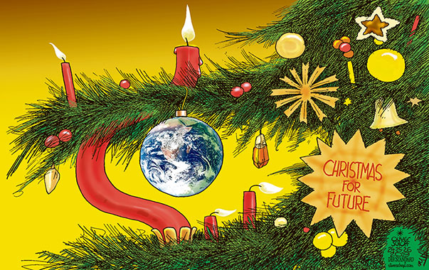 Oliver Schopf, editorial cartoons from Austria, cartoonist from Austria, Austrian illustrations, illustrator from Austria, editorial cartoon politics politician International, SÜDDEUTSCHE ZEITUNG, Cartoon Arts International, 2019: CHRISTMAS TREE DECORATION CANDLE LIGHT HEAT BURNING SPHERE EARTH PLANET CLIMATE CHANGE FRIDAYS FOR FUTURE GRETA THUNBERG   


