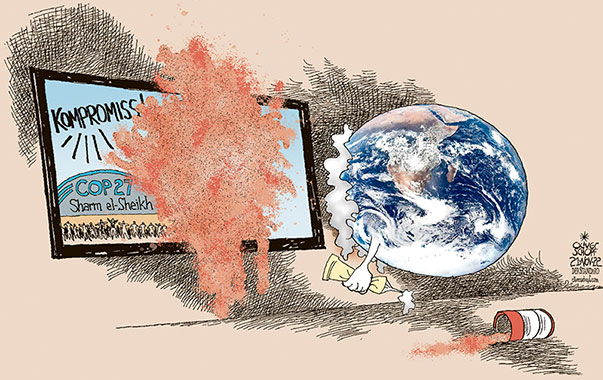 Oliver Schopf, politischer Karikaturist aus Österreich, politische Karikaturen aus Österreich, Karikatur Cartoon Illustrationen Politik Politiker international 2022: COP 27 KLIMAKONFERENZ SHARM EL-SHEIKH ENDE ABSCHLUSS ERGEBNIS KOMPROMISS PLANET ERDE AKTIVIST TOMATENSUPPE SEKUNDENKLEBER 
 







