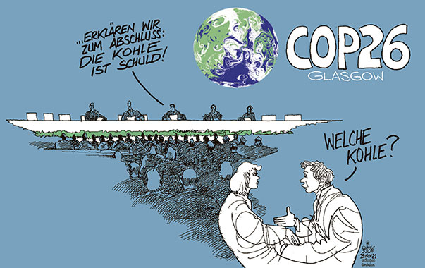 Oliver Schopf politische Karikaturen: Im Abschlussdokument der Klimakonferenz von Glasgow COP26 einigt man sich auf den „Feind“ Kohle und daher langfristig auf den Kohleausstieg, was aber doch recht viel Kohle für erneuerbare Energien kosten wird.
Oliver Schopf, politischer Karikaturist aus Österreich, politische Karikaturen aus Österreich, Karikatur Cartoon Illustrationen Politik Politiker international 2021: COP26 GLASGOW KLIMA KONFERENZ ERDERWÄRMUNG ABSCHLUSSERKLÄRUNG KOHLE KOHLEAUSSTIEG CO2 GELD FINANZIERUNG
