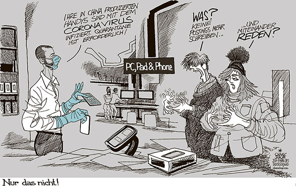 Oliver Schopf, politischer Karikaturist aus Österreich, politische Karikaturen aus Österreich, Karikatur Cartoon Illustrationen Politik Politiker international 2020 : CORONAVIRUS SARS-CoV-2 COVID-19 QUARANTÄNE HANDY COMPUTERVIRUS DIGITAL STORE POSTING REDEN GESPRÄCHE FÜHREN INFEKTION     
