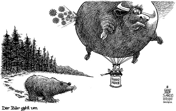 Oliver Schopf, politischer Karikaturist aus Österreich, politische Karikaturen aus Österreich, Karikatur Cartoon Illustrationen Politik Politiker international 2020 : CORONAVIRUS COV-2 COVID-19 BÖRSEN FINANZMÄRKTE BULLE BÄR HEISSLUFTBALLON BLASE PLATZEN BULLENMARKT BÄRENMARKT   
