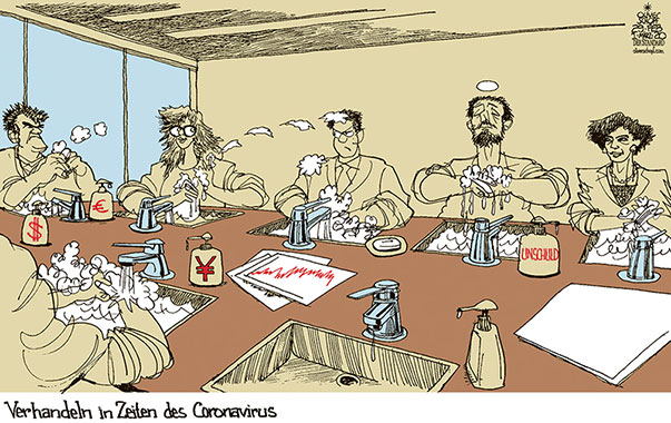 Oliver Schopf, politischer Karikaturist aus Österreich, politische Karikaturen aus Österreich, Karikatur Cartoon Illustrationen Politik Politiker international 2020 : CORONAVIRUS SARS-COV-2 COVID-19 HÄNDE WASCHEN HYGIENE WIRTSCHAFT HANDEL VERHANDLUNGEN VERHANDLUNGSTISCH SEIFE GELD UNSCHULD  
