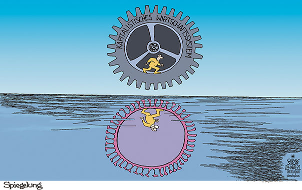  Oliver Schopf, politischer Karikaturist aus Österreich, politische Karikaturen aus Österreich, Karikatur Cartoon Illustrationen Politik Politiker international 2021: CORONAVIRUS KRISE SARS-CoV-2 COVID-19 KAPITALISMUS WIRTSCHAFT FINANZ MÄRKTE BÖRSE RÄDCHEN GETRIEBE HAMSTER IM RAD SPIEGEL SPIEGELUNG REFLECTION 




